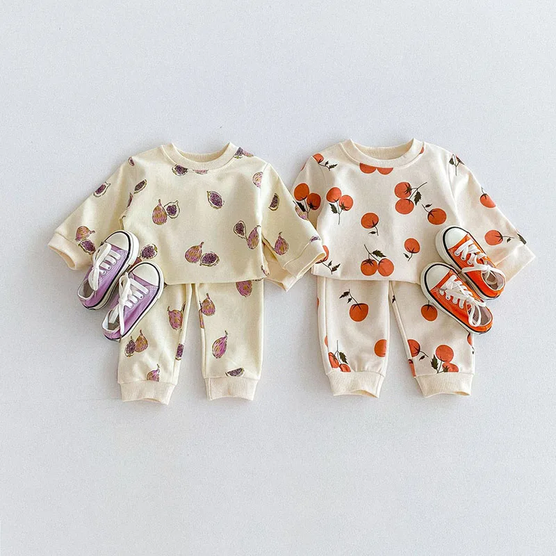 Kids Autumn Clothes Set Girls Cute Printing Fig Orange Pullover + Sweatpants 9M-4T Children Cartoon Loose Hoodie 2PCS