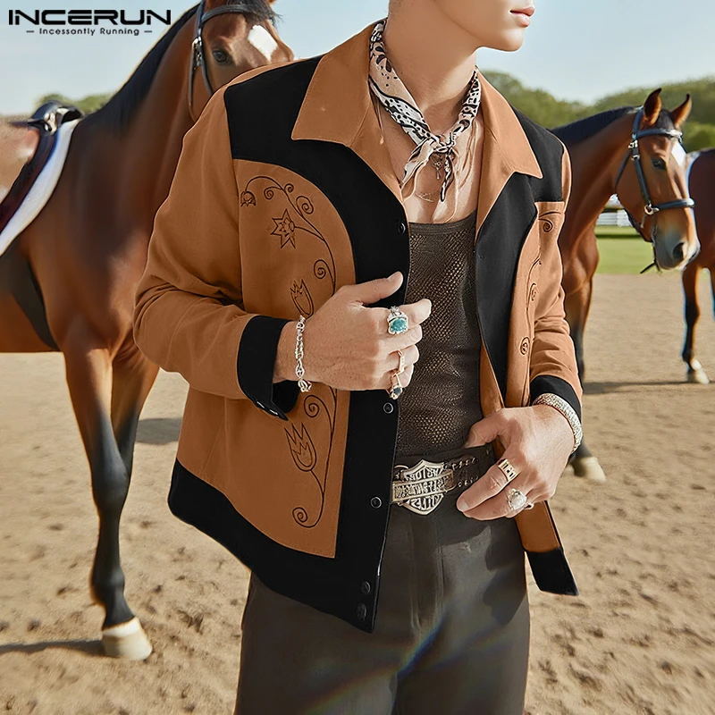 

INCERUN мужские куртки в стиле пэчворк с лацканами и длинными рукавами на пуговицах, повседневные мужские пальто, уличная одежда, 2025 г., свободные модные мужские куртки, верхняя одежда