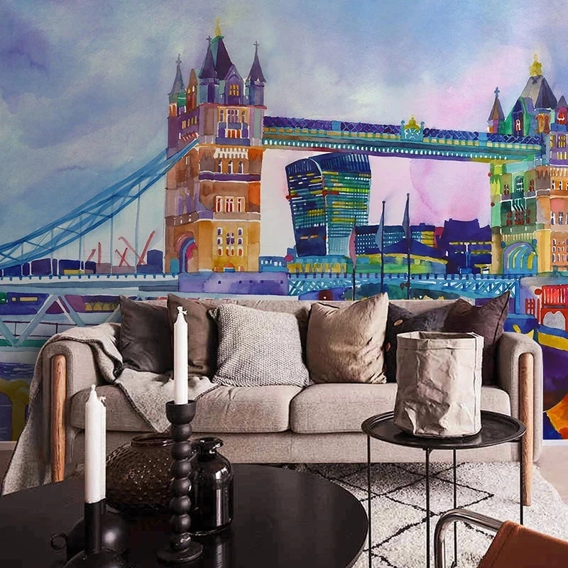Customized 3D Wallpaper Modern Retro Watercolor Building Mural Restaurant Cafe Living room TV background wall bedroom restaurant