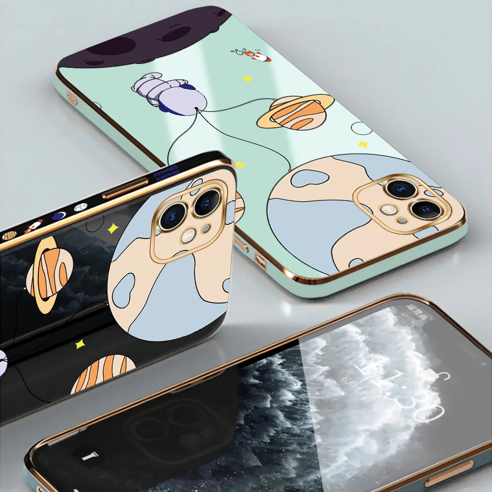 Luxury Plating Soft Phone Case For Samsung S21 Plus 21 Ultra Free Lanyard Cute Cartoon Anime Plated Back Shell For Galaxy S20 FE