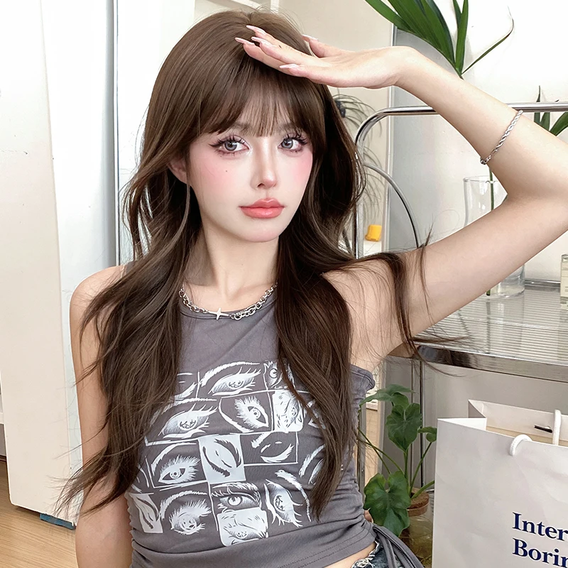 7JHH WIGS Loose Body Wavy Brown Hair Wigs with Neat Bangs High Density Synthetic Fashion Wave Wig for Women Natural Looking