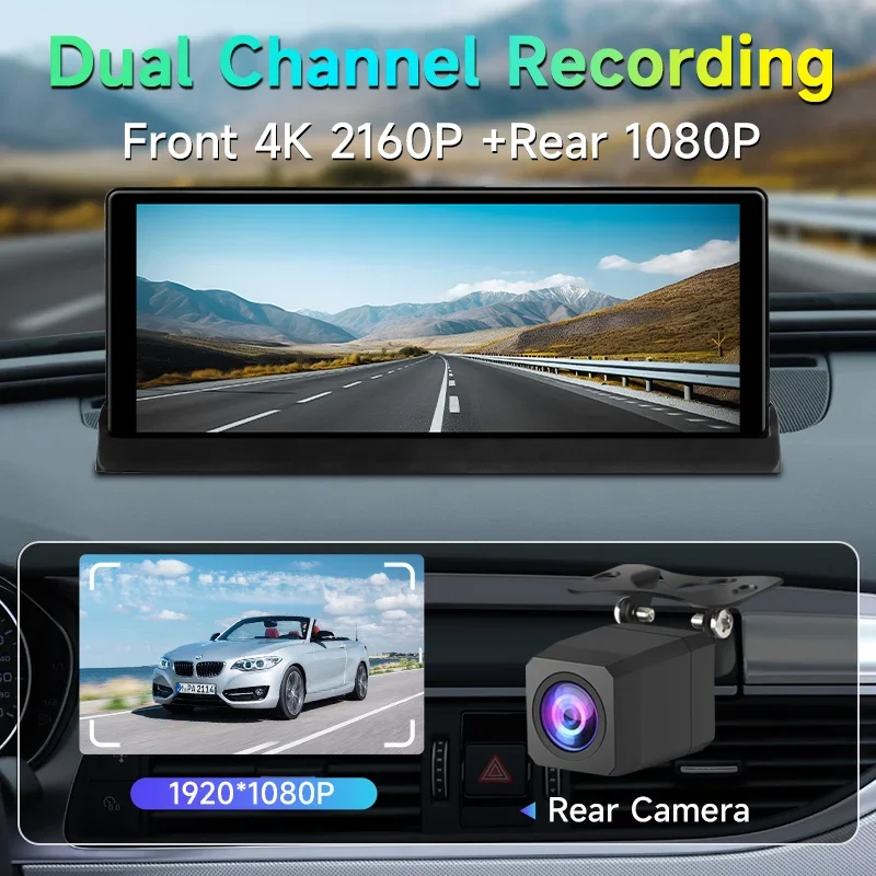 Srnubi Coche universal 10,26" 4K 360 ° Rotatio Car DVR Dash Cam inalámbrico CarPlay y Android Auto Bluetooth WIFI pantalla táctil de coche