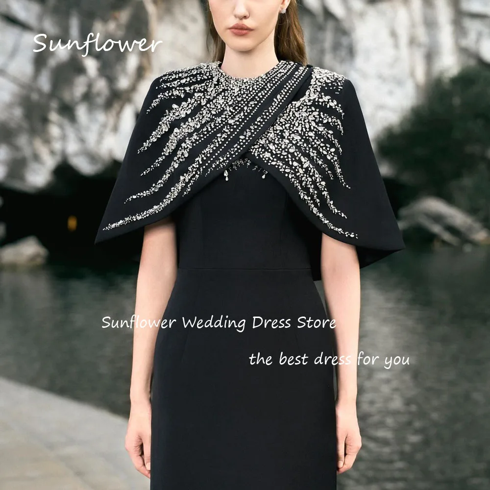 Sunflower Black O-Neck Beading Mermaid Formal Evening Dress Saudi Arabia 2024 Slim Half Sleeve Crepe Floor-Length Prom Dress