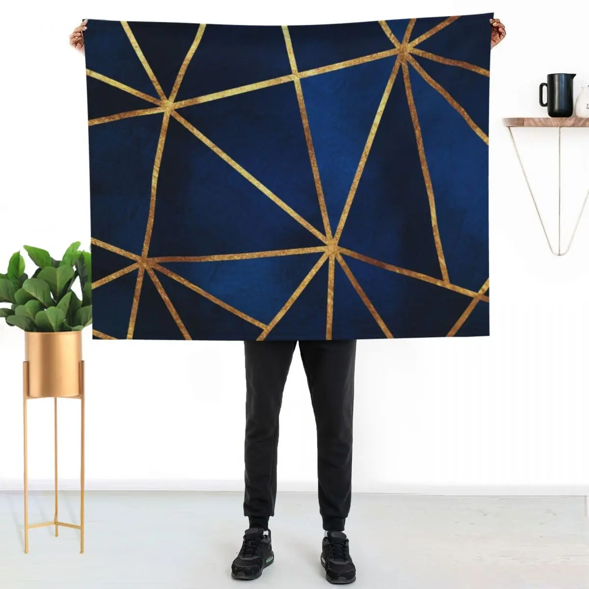 Navy Gold Stone Geometric Throw Blanket couch cozy soft plush fuzzy picnic outdoor blanket