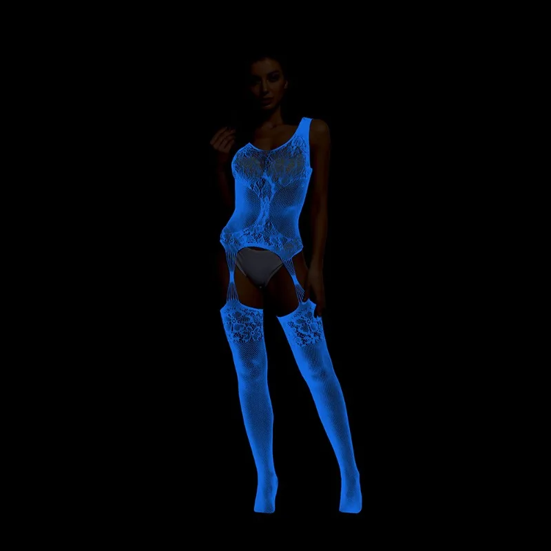 Blue Glow The Dark Lingerie Cami Bodystocking Sexy Sheer Mesh Full Body Sissy Suit Dames Erotisch Lichtgevend Alles