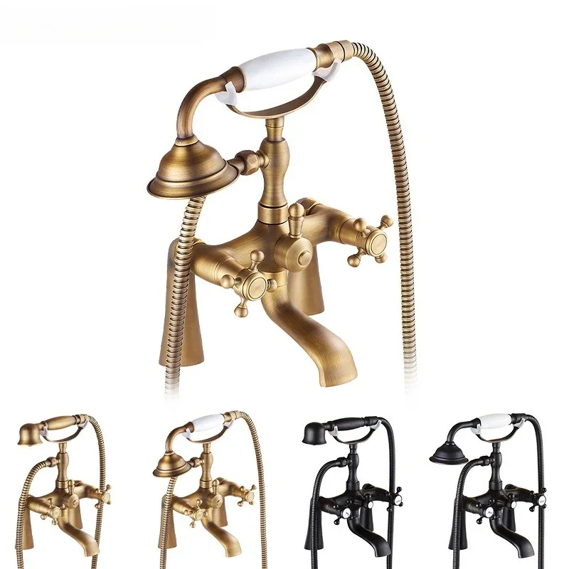 light luxury brass vintage bathtub faucet bathroom bathtub on double handle column type hot and cold shower faucet set