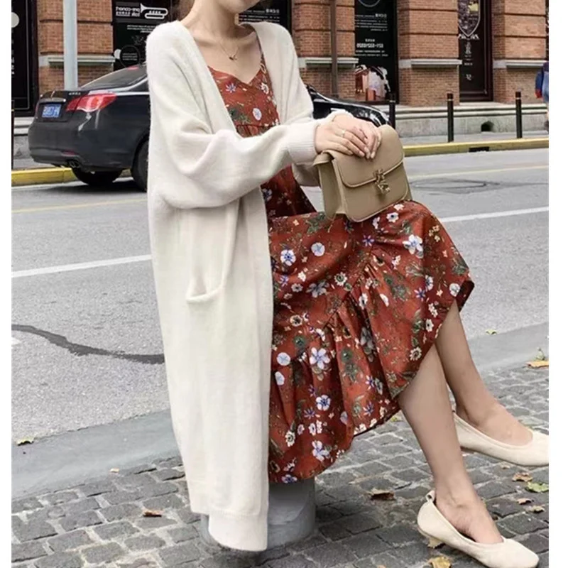 

Mid-Long Cardigans Daily Wear Womens Autumn Warm Raglan Grid Raw Sleeve Knotthing Turtlneck Loose-Thickened Ultra Office Leisure