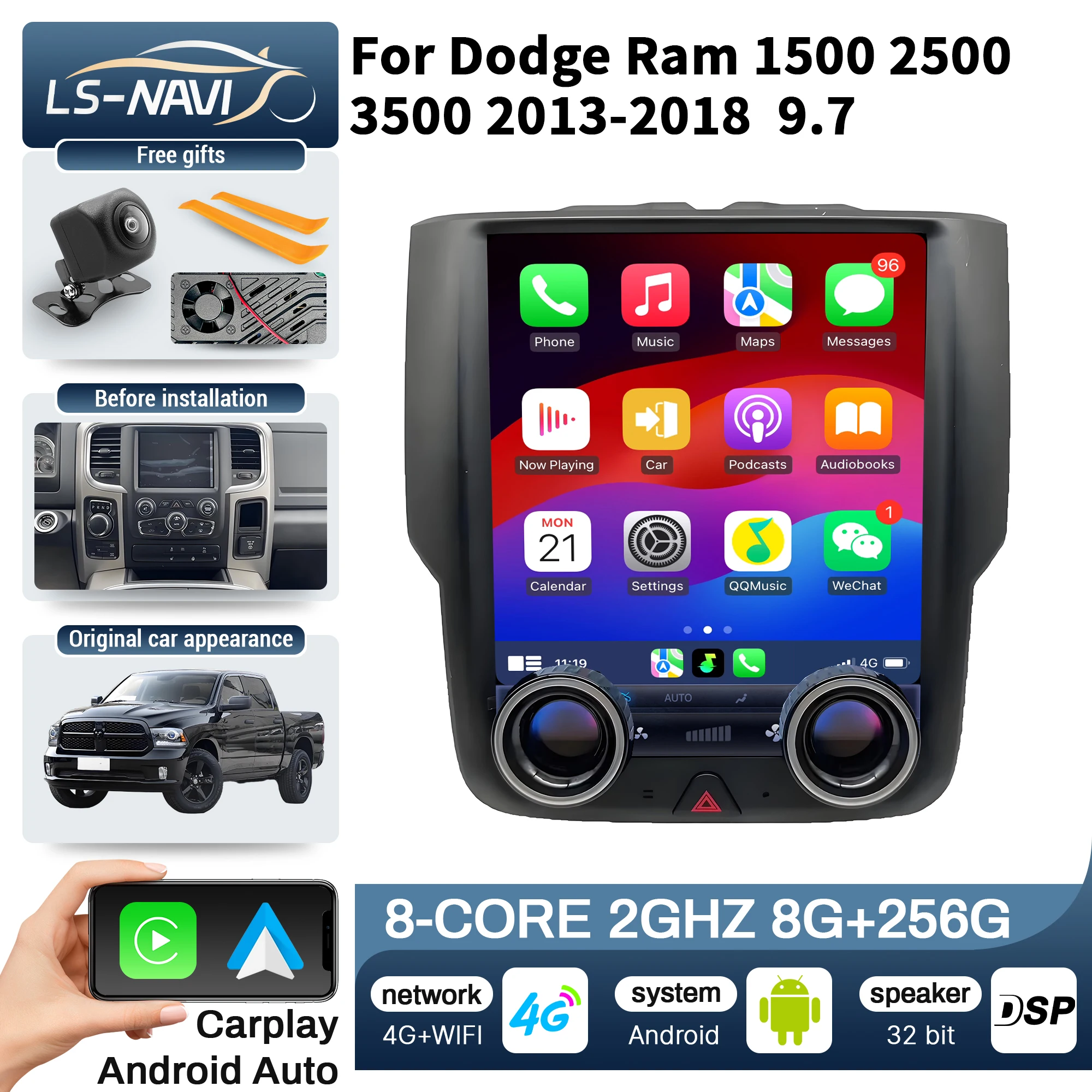 9.7 Inch Car Radio for Dodge Ram 1500 2500 3500 2013-2018 with 4G GPS Wireless Bluetooth CarPlay Touch Screen Stereo Head Unit