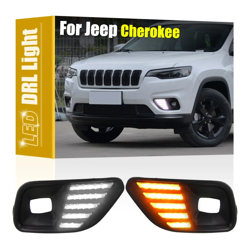 

2Pcs Front Bumper Fog Lamp Cover With LED DRL Daytime Running Light Turn Signal Indicator For Jeep Cherokee 2019 2020 2021