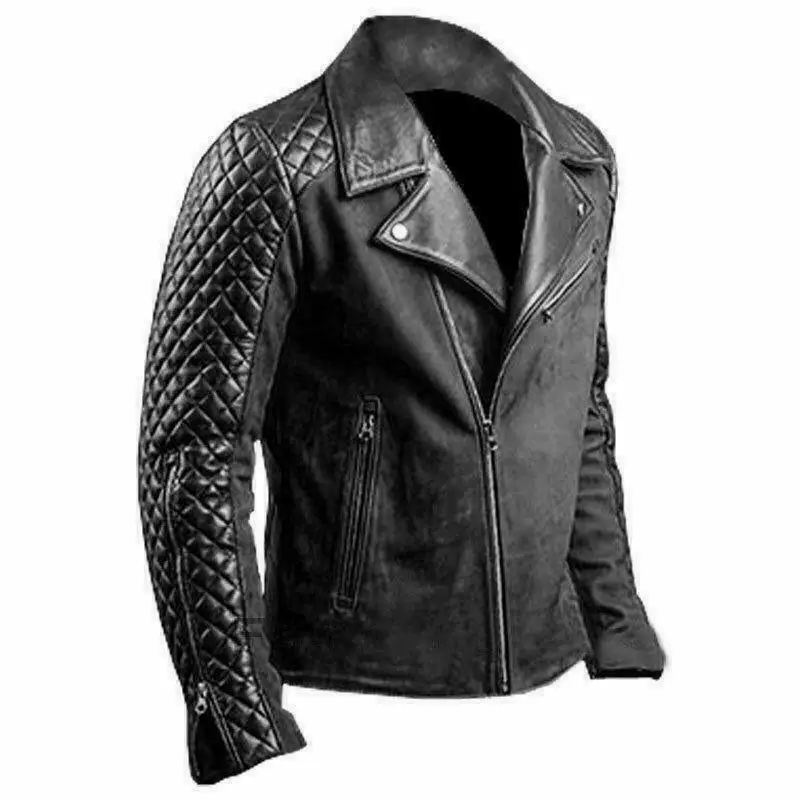 Chaqueta de cuero auténtico para hombre, chaqueta acolchada de estilo Vintage, color negro