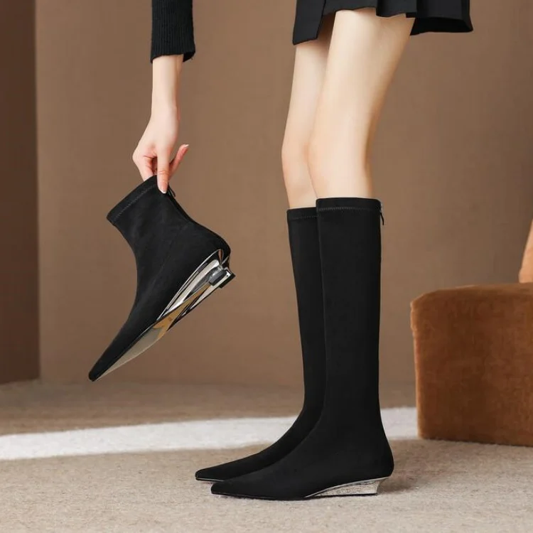

2025 Black Flock Women Long Boots Sexy Pointed Toe Metal Wedge Low Heels Back Zipper Knee High Stretch Autumn Botines Femmes