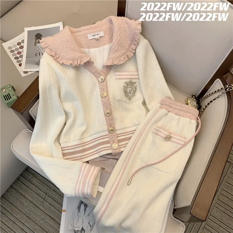 Luxury Casual Pants Suit Doll Collar Long Sleeve Coats+Bandage Pants 2024 Autumn Fashion Western Style Sports Two-piece Suits