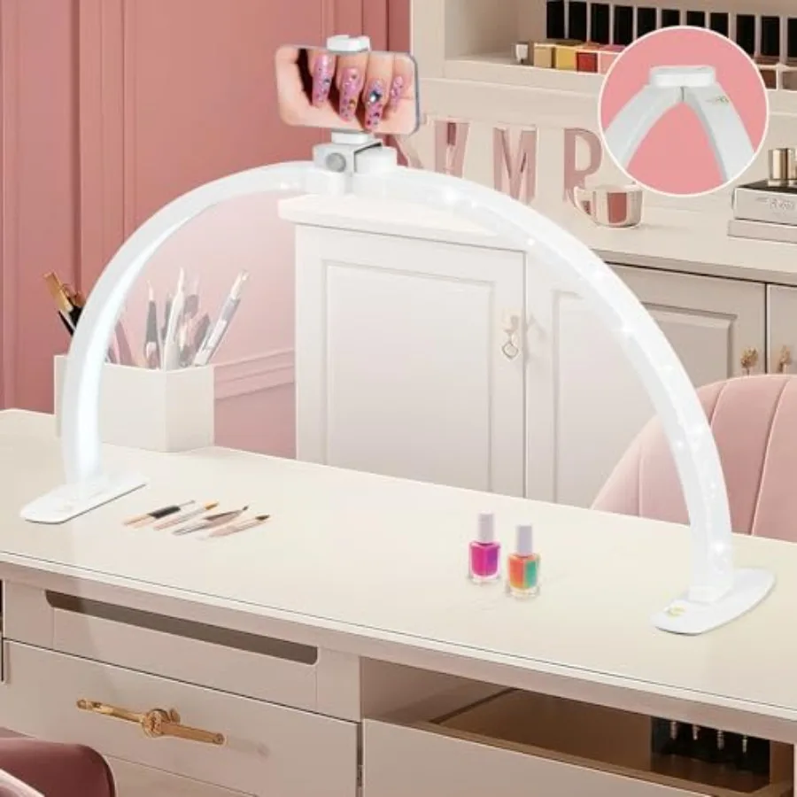 

29in Half Moon Light for Nail Desk, Foldable, 3 Color Modes and 10 Brightness, Phone Stand, Arch LED Nail Tech Table Lamp for M