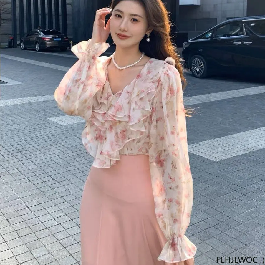 Flare Sleeve Romantic Blouses Hot Sales 2023 Women Tops Chic Korea Office Lady Cute Sweet Girls Pink Ruffles Shirts