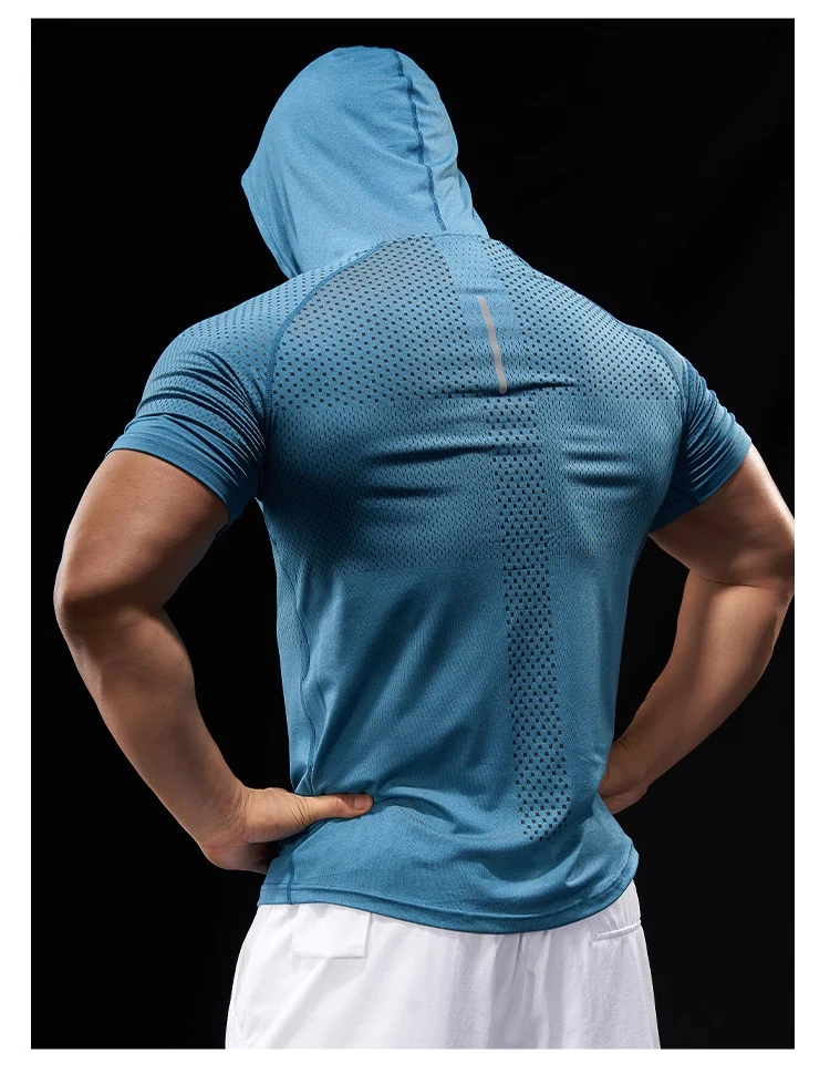 Summer GYM Sport Hooded Running Men T shirt Fitness Slim fit compression elastic Short sleeve Quick Dry Bodybuilding Tshirt image 5