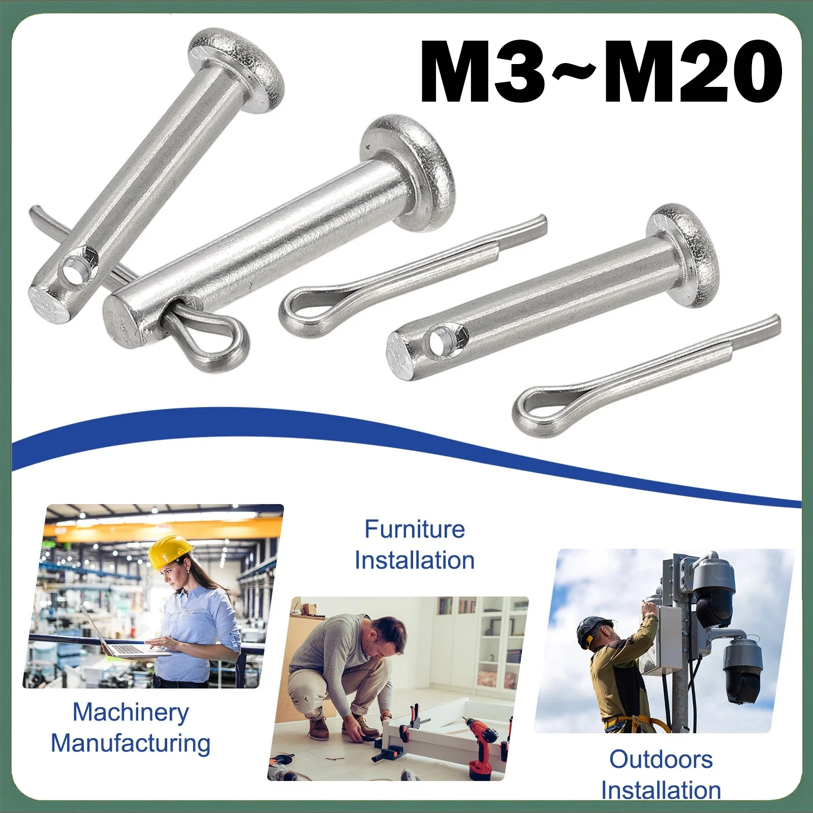304 Stainless Steel with Hole Pin Shaft Cotter Set Flat Head Cylindrical Pin Plug Positioning Pin M3 M4 M5 M6 M8~M20 GB882
