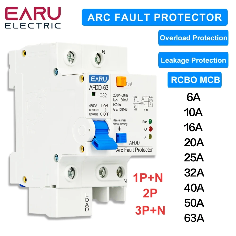 

AFDD-63 1P+N 2P 3P+N Fault Arc Protector Circuit Breaker 16A 20A 25A 32A 63A Short Circuit Overload Leakage Protection RCBO MCB