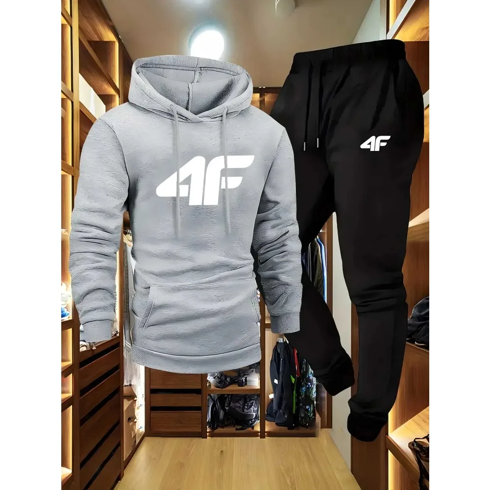 Men's Raglan sleeve hoodie, 4F printed two piece set, casual, versatile, trendy