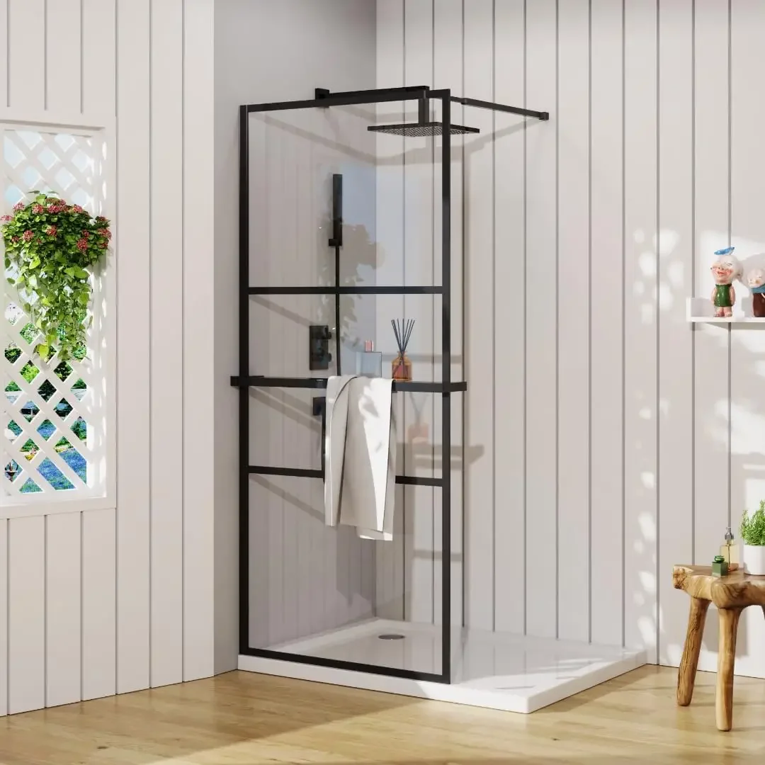 Shower Door Tempered Glass Shower Screen with Tool Bar Towel Rack for Walk in Bathroom 3 Grid Style Easy Installation