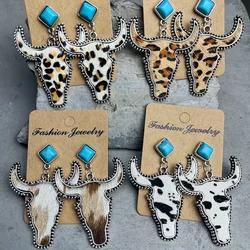 New Vintage Ethnic Earrings Bohemian Leather Horsehair Cattle Head Turquoise Ear Rings Western Cowboy Earrings Gift Wholesale