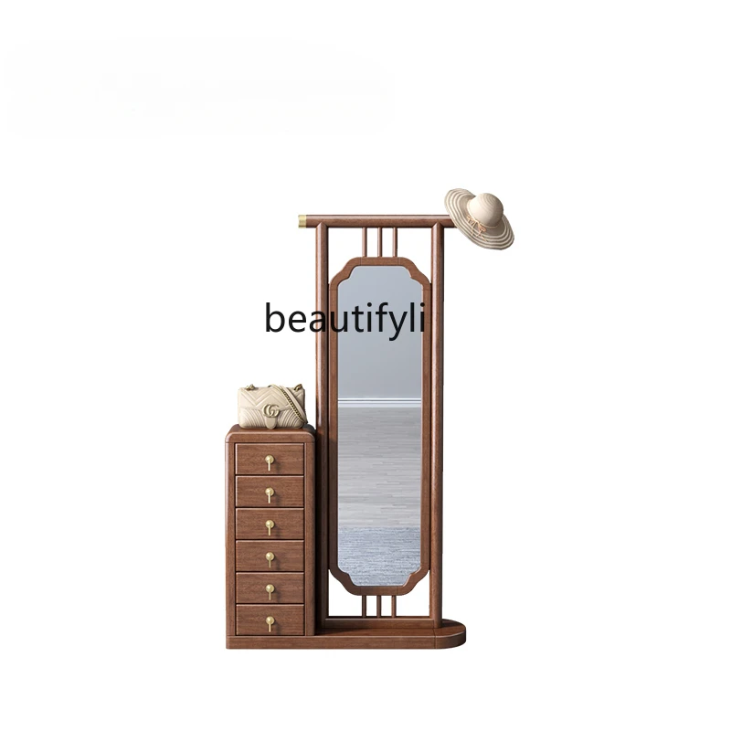 Chinese Style Solid Wood Coat and Hat Rack Full-Length Mirror Integrated Floor Changing Mirror Walnut Bedroom Storage Cabinet