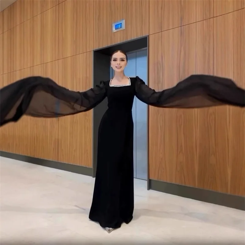 

Arabia Black Women Prom Dress Square Neck Extend Long Sleeve Elegant Wedding Party Gown Formal Long Evening Birthday Robe