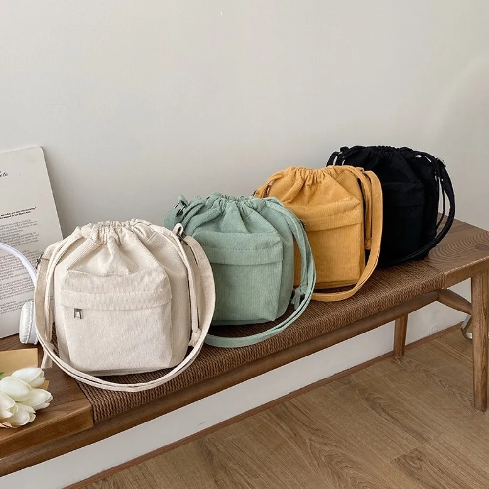 

Light Weight Corduroy Women Bag Large Capacity Convenient Shoulder Bucket Bag Durable Solid-colored Drawstring Crossbody Bag