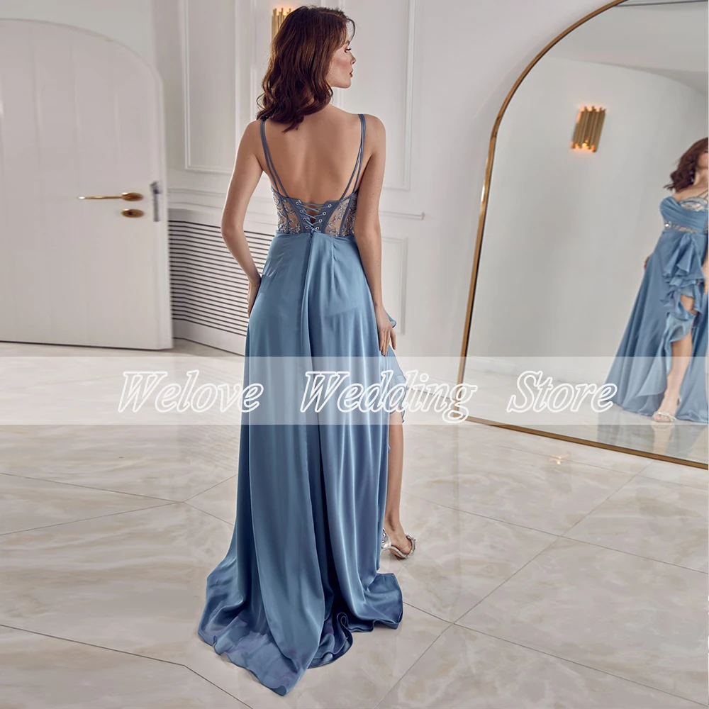 Light Blue Casual Evening Dresses Ruffles Sheer Spaghetti Straps Summer Wedding Guest Gown For Woman Beach Celebrity Vestidos