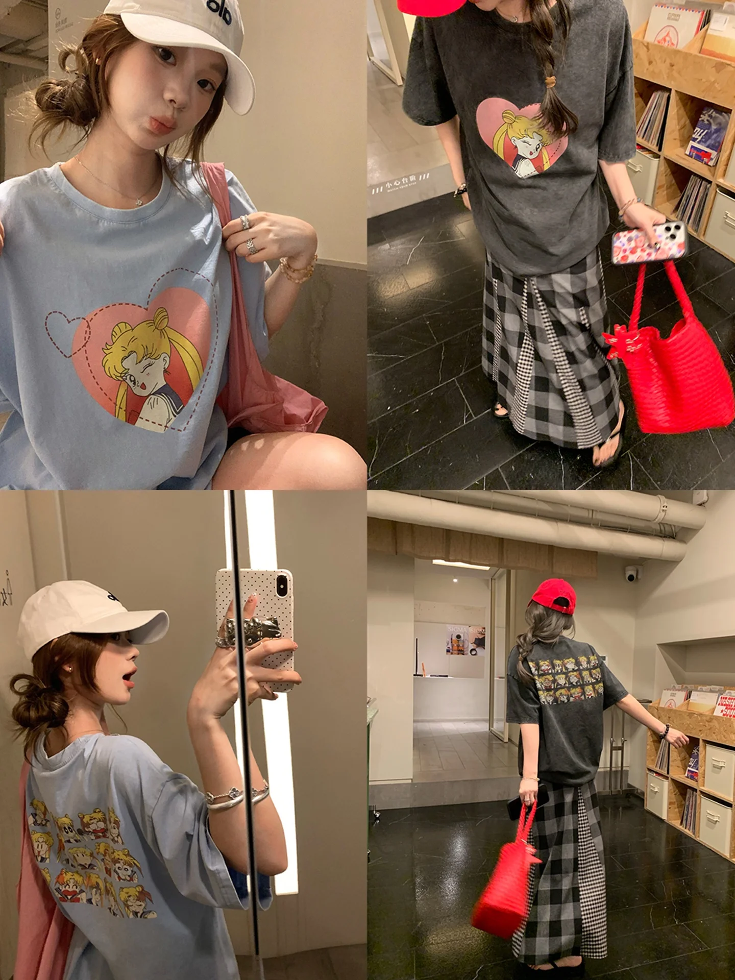 

Waed ort Sve T-irt Women's Casual Loose Fit Cotton Summer Heavy Print Vintage Feeling Anime Cartoon round Ne Top
