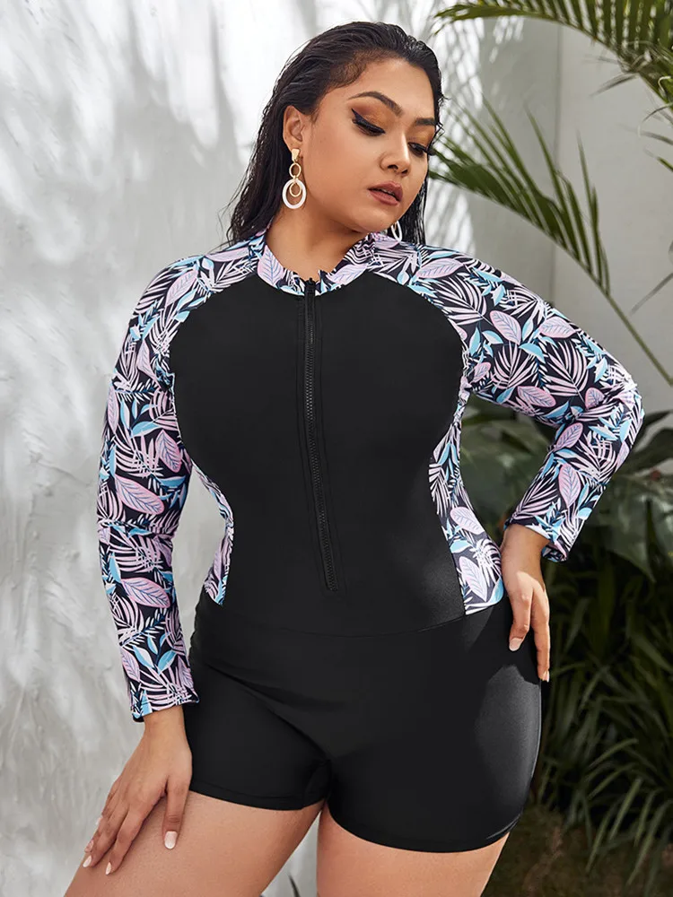 Rash Guard Surf Plus Size Swimsuit Woman 2024 Women\'s Swimwear One-Piece Long Sleeve Swimming Suit Sunscreen Beach Bath Suit