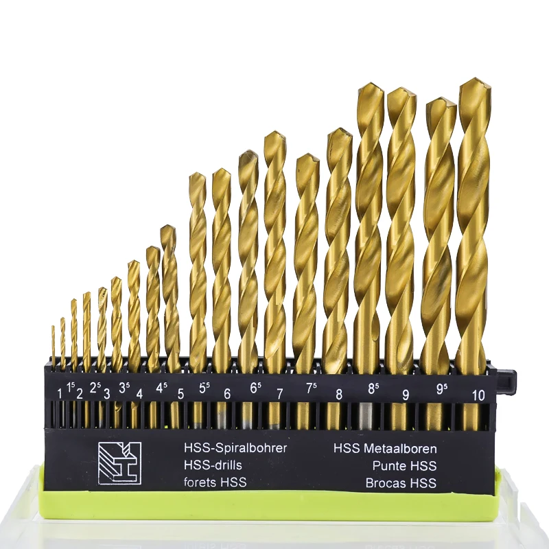 19pcs HSS Twist Drill Bit Set For Wood 1.0-10mm Titanium Coated Hole Cutter Round Shank Gun Drill Bit