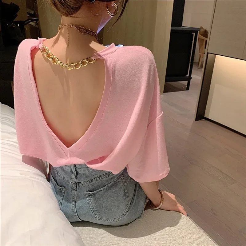 Women New Metal Chain Hollow Out Shirts Summer Casual Backless Tops Fashion Short Sleeve Sexy Solid Colors Bottoming T-shirts