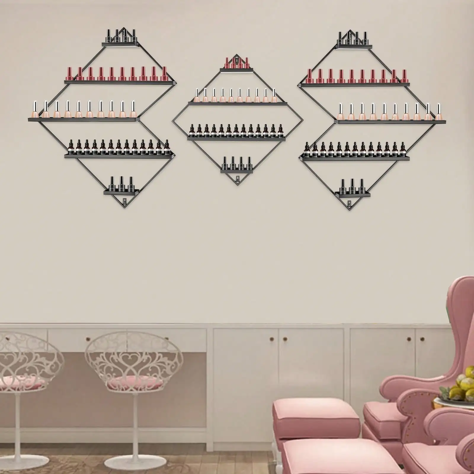 

Nail Polish Storage Racks, 3PCS Rhomboid Cosmetic Display Racks Metal Wall Mounted Nail Polish Rack For Spa Nail Salon Shop