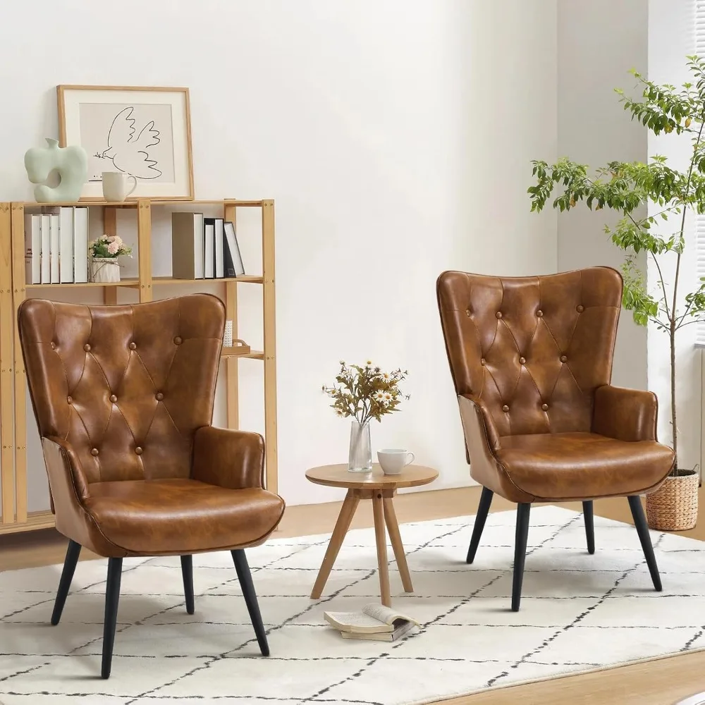 Accent Chairs Set of 2, Brown PU Leather Chair Reading Chair Armchair with High Backrest, Wingback Corner Chair