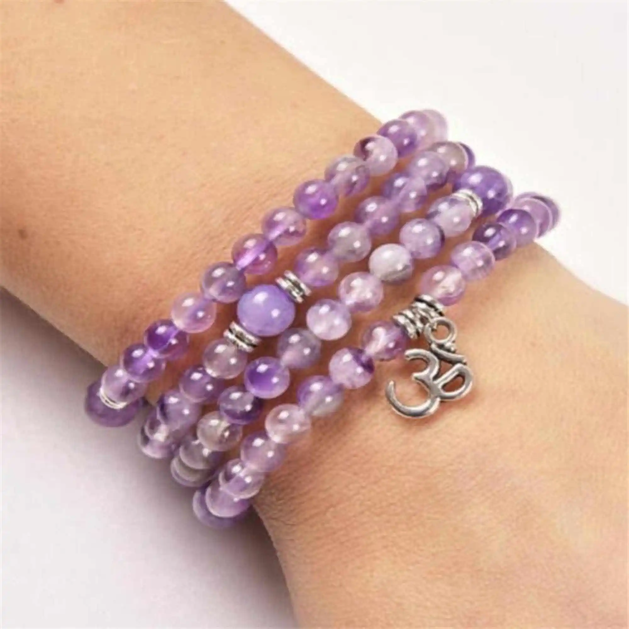 6mm 108 Amethyst Mala Bracelet Prayer Tibetan Jewelry Adjustable Unique Eco-Friendly Artisan Cuff Charm Contemporary Women