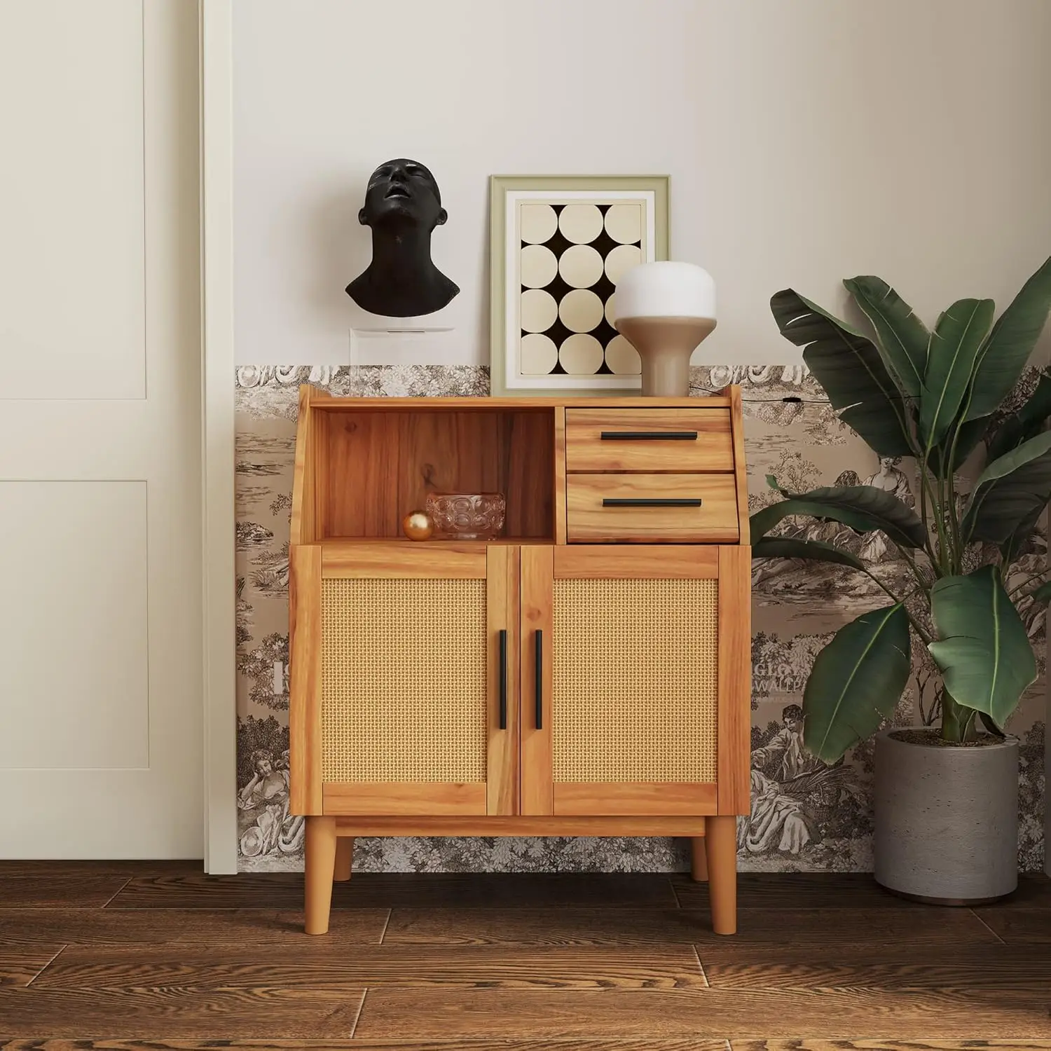 Farmhouse Sideboard Buffet Cabinet with Drawers Rattan Doors Versatile Storage Cabinet for Hallway Entryway Dining Room