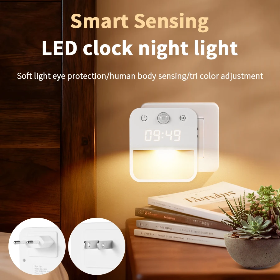 EU and US Standard Socket Human Body Induction Clock Night Light 110V-220V Infinite Dimming Three Color Switching Clock Display