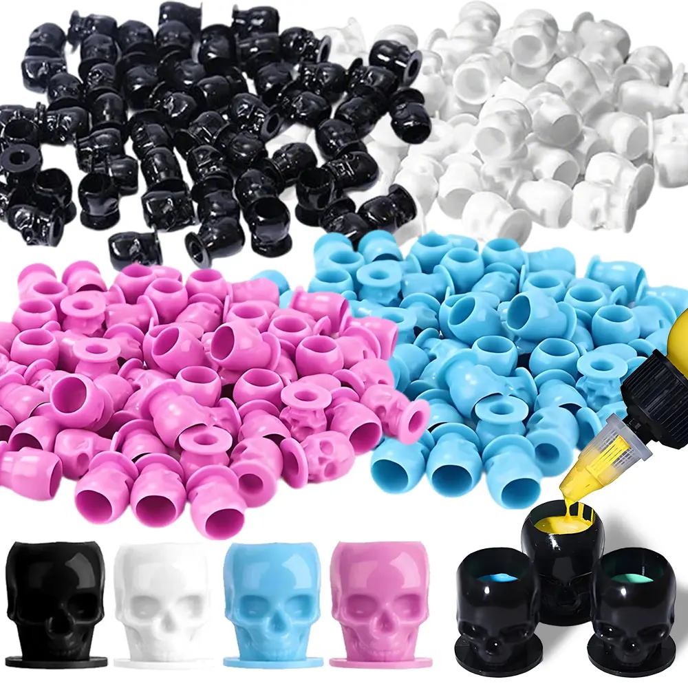 200/100/50PCS Disposable Skull Tattoo Ink Cups Colorful Pigment Holder Container Tattoo Caps for Permanent Makeup Body Arts
