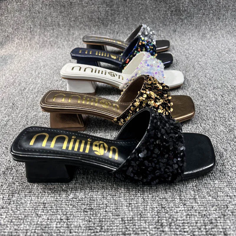 Fashion African Sequins Slippers Point Toe Open Toe Leather Mules 2023 Summer Outdoor Beach Party Party 5cm High Heels L1021-5