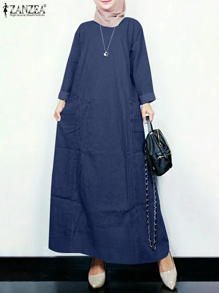 

ZANZEA Muslim Fashion Faux Denim Maxi Dress Women Loose Casual Long Sleeve O Neck Abaya Robes Islamic Hijab Solid Long Vestidos