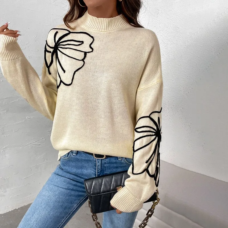 Elegant Apricot Women's Knitted Sweater Half High Collar Hoodie Flower Jacquard Long Sleeve Loose And Versatile Autumn New Item