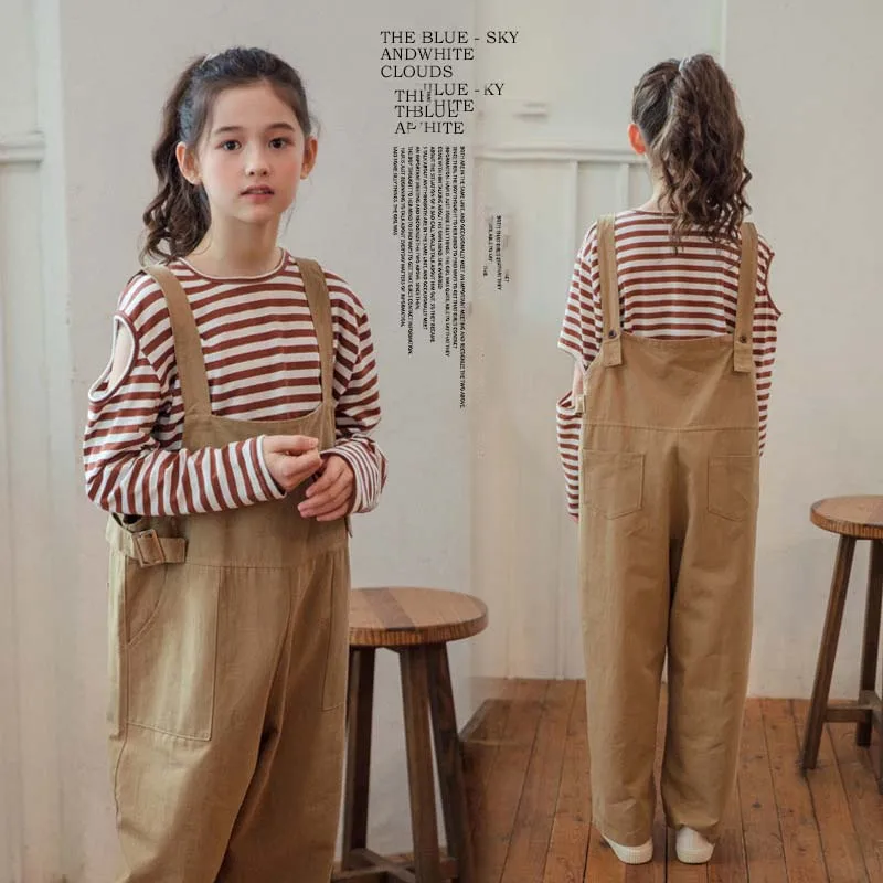 

Spring Autumn Children Girl Clothing Set Teenager Girl Hollow Sleeves Pure Cotton Striped Tops+Overall Sets Girls From 4-12 Yrs