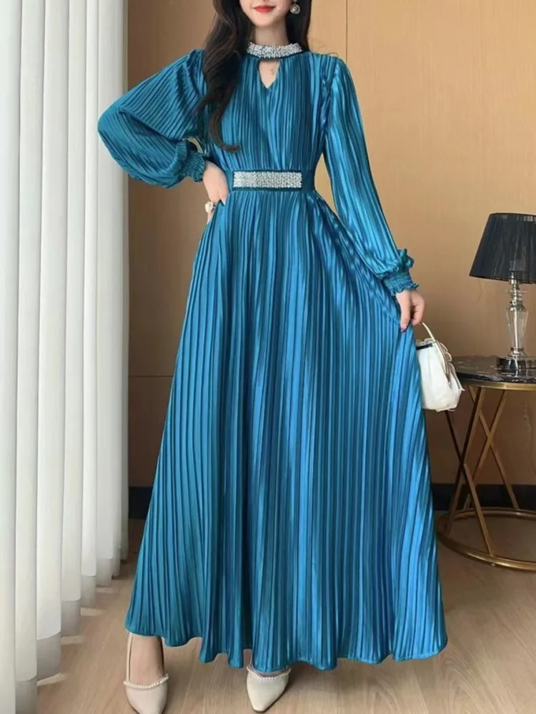 GVUW Fashion Luxury Pleated Dress For Women Beading O-neck Lantern Sleeve Elegant Evening Dresses Female 2024 Autumn New 17G1738