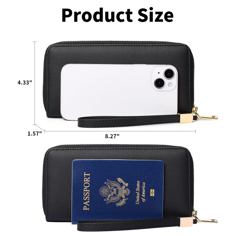 Western RIFD Blocking Long PU Multifunctional Women Wallet Cards Storage Bag Passport Bag Double Zipper Purse for Ladies