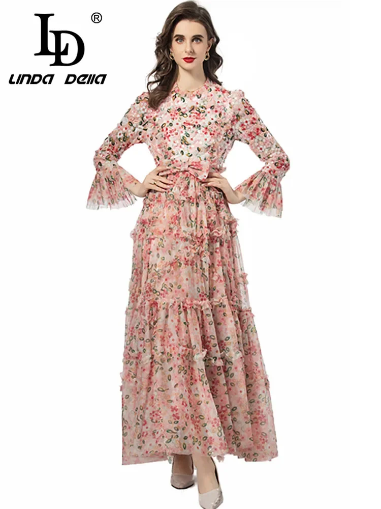 LD LINDA DELLA Summer 2024 luxury Designer Dresses for women Size S-XXXXL Bohemian Sequins Floral Print Net Yarn Ruffles Dresses