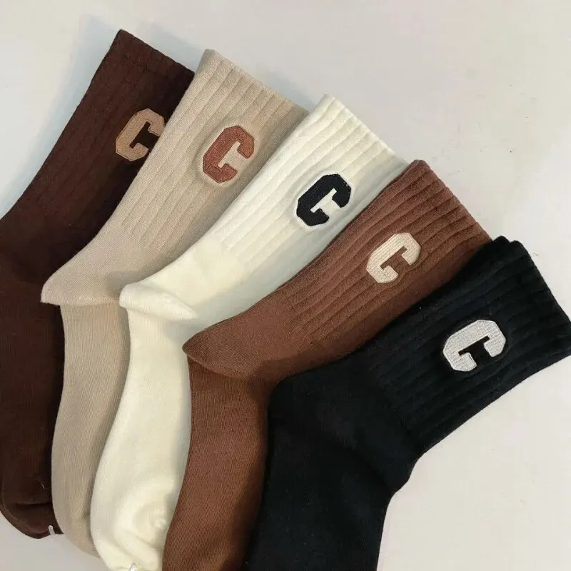 5 Pairs of Socks, Letter C, Medium Tube Embroidered Versatile Long Tube Socks, Solid Color Stacked Socks