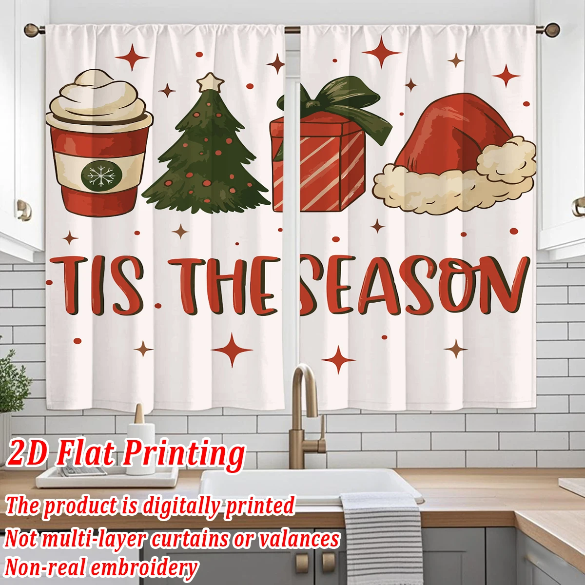 Christmas Flat Printing Kitchen Curtains With Christmas Tree Gift Box Hat Cup Star Snowman Holiday Home Door Window Decor