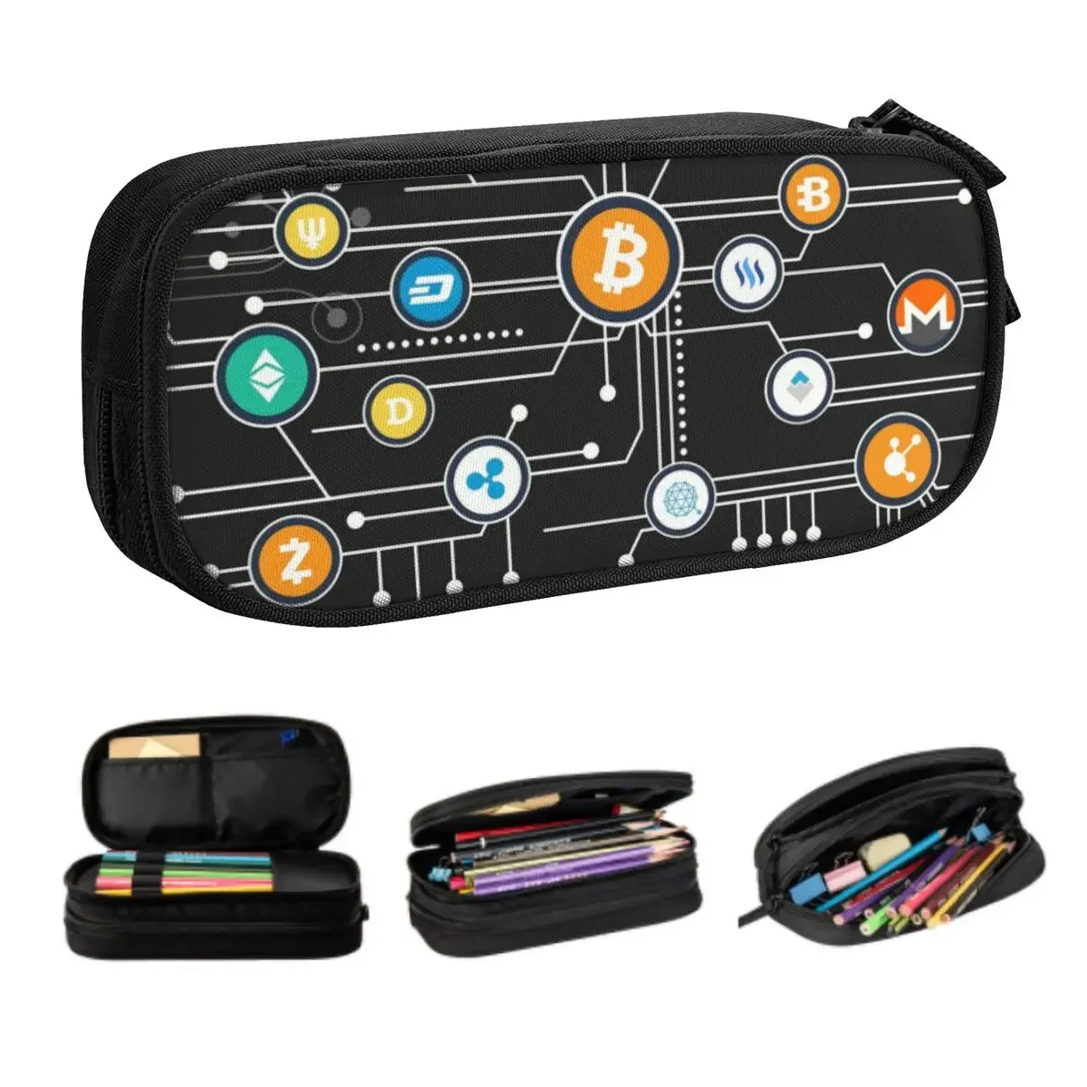 Custom Cryptocurrency Bitcoin Altcoin Blockchain Logo Pencil Cases for Girls Boys Big Capacity Ethereum Pen Box Bag Stationery