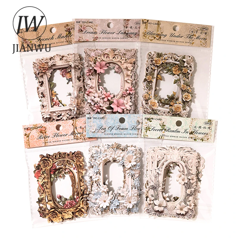 JIANWU 10 Sheets Flower Mirror Manor Series Vintage Relief Hollow Material Decor Collage Card Creative DIY Journal Stationery