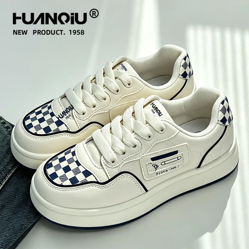 

HUANQIU Women's Sneakers 2026 New Genuine Leather Casual Shoes Lace-up Comfortable Ladies Footwear Soft Sole Flat Shoes Women